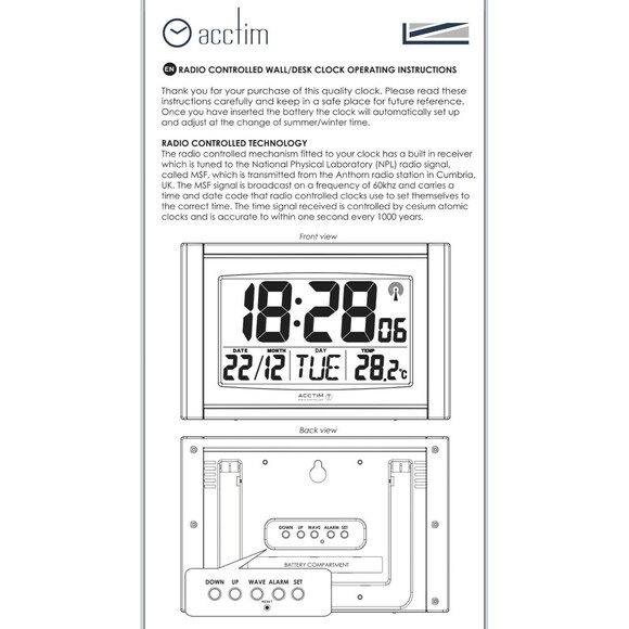 Acctim Digital Wall Desk Clock Radio Controlled Temperature Moon Phase FLAW - Picture 6 of 8